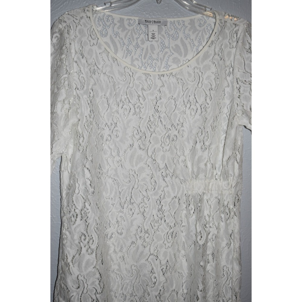 WHBM Lace Top SMALL White Stretch Asymmetrical Hem Ruched Side Romantic Fairy